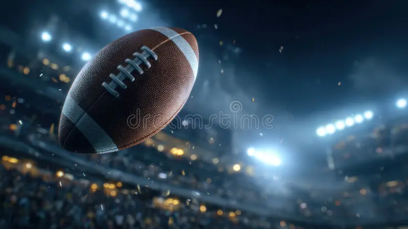 Football flying through night stadium lights